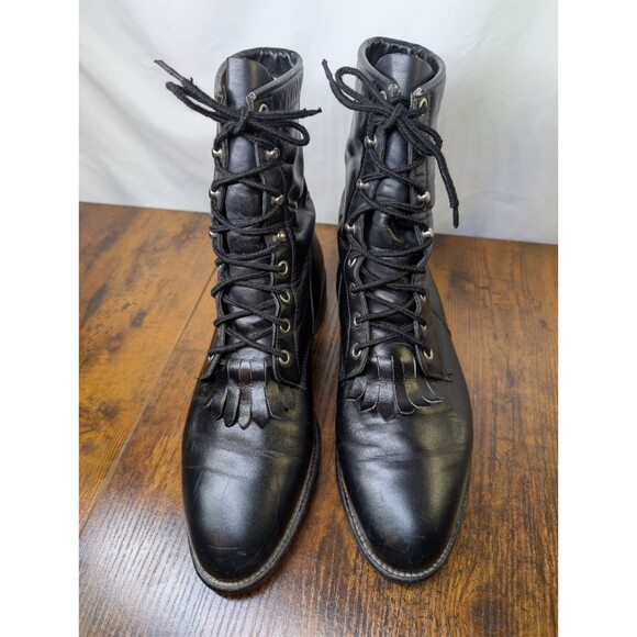 Justin Boots Size 9C Black Leather Kiltie Made in USA Vintage Roper - Picture 2 of 11
